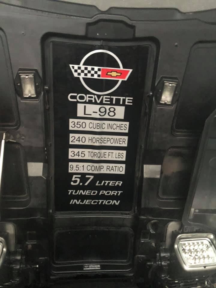 C4 Corvette 1984-1996 under hood Performance Specification DECAL