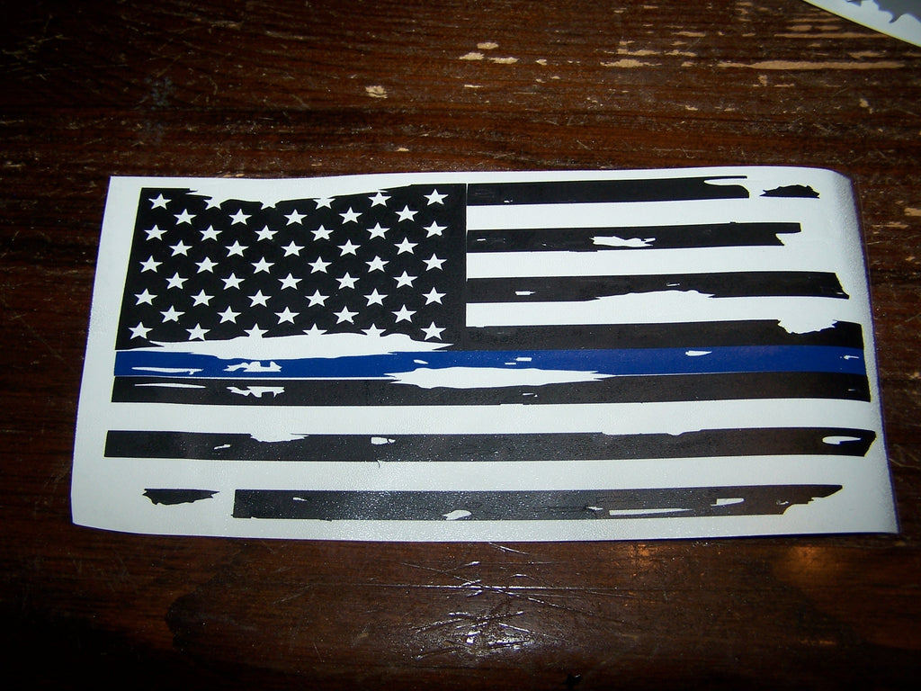DISTRESSED SMALL AMERICAN FLAG BLUE LINE VINYL DECAL STICKER