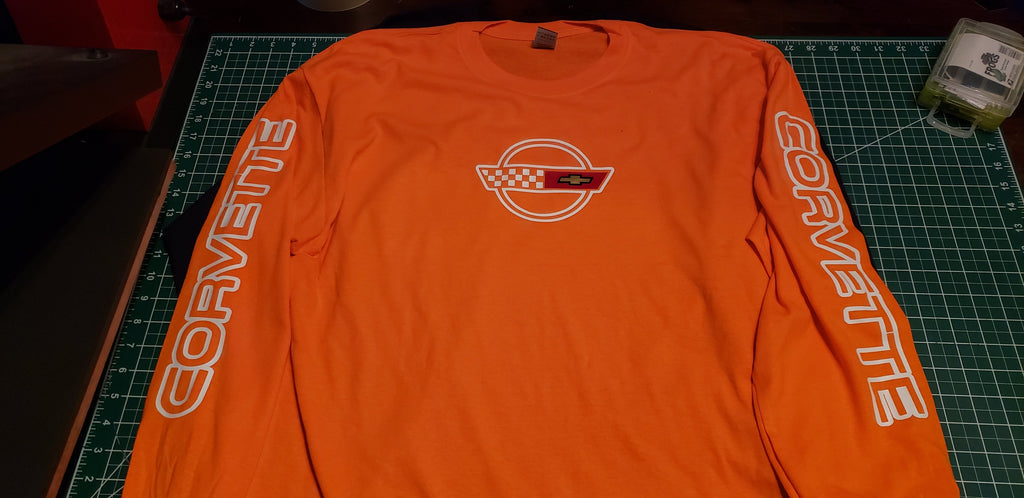 CORVETTE C4 LONG SLEEVE SHIRT SCRIPT ON SLEEVES & LOGO ON FRONT 84-90
