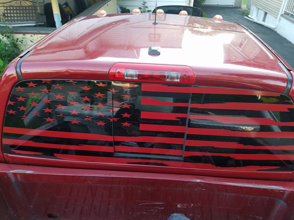DODGE RAM REAR WINDOW DISTRESSED AMERICAN FLAG DECAL CUMMINS