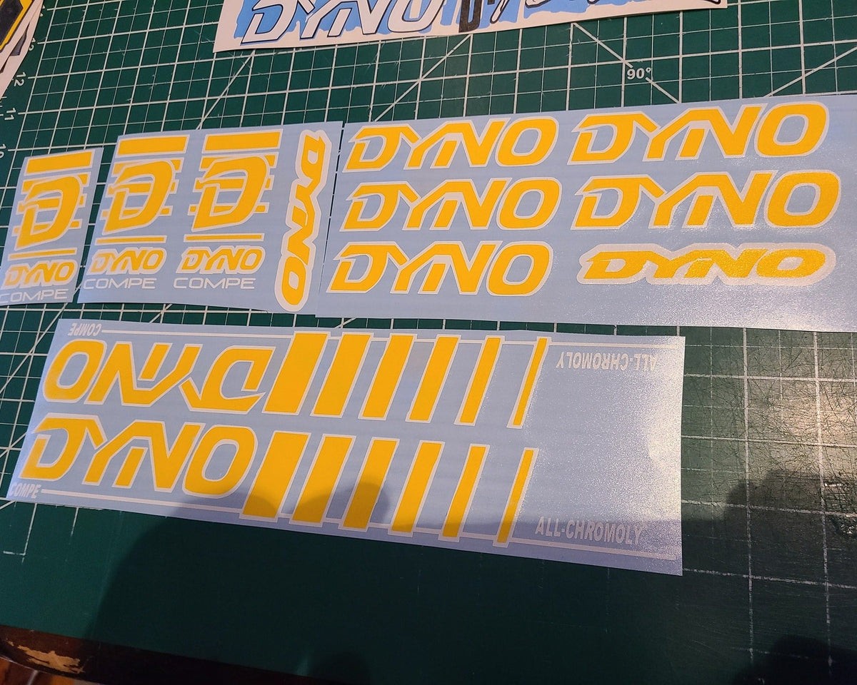 DYNO COMPE DECAL SET 86 87 88 89 VINTAGE BMX YELLOW & WHITE