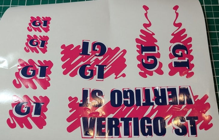 GT VERTIGO ST DECAL SET 1988 VINTAGE BMX HOT PINK/ DARK BLUE/WHITE