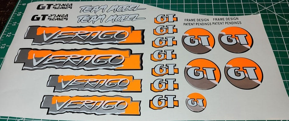 GT VERTIGO DECAL SET 1986 1987 1988 1989  VINTAGE BMX DAYGLOW ORANGE