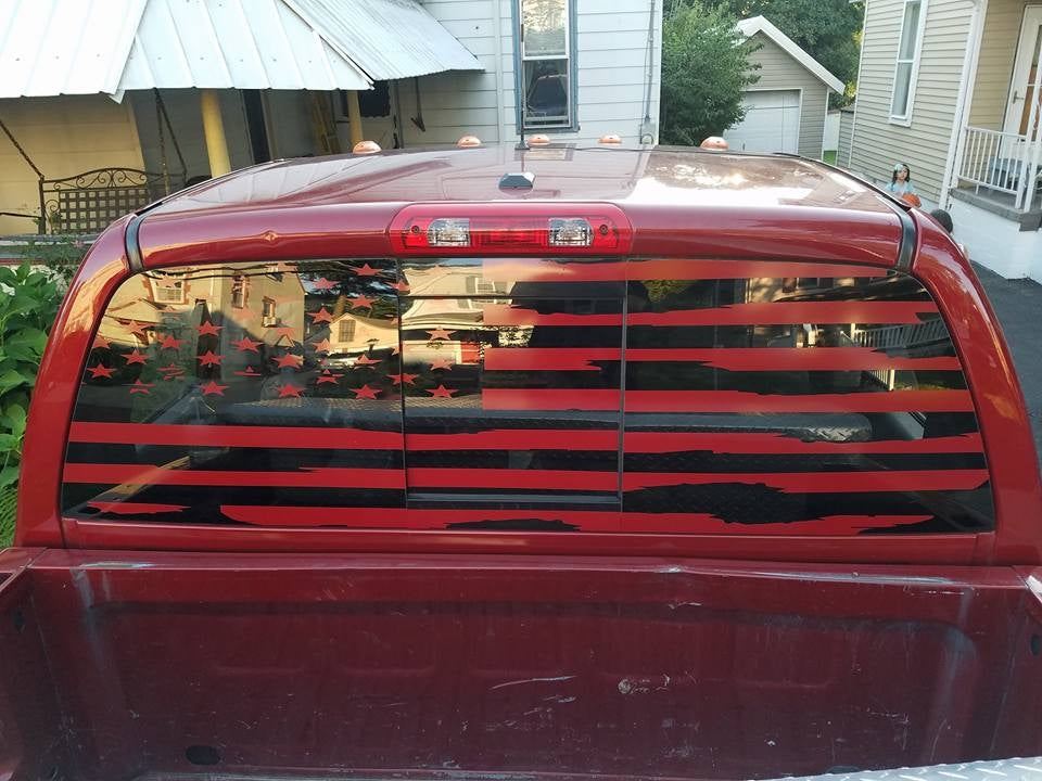 DODGE RAM REAR WINDOW DISTRESSED AMERICAN FLAG DECAL CUMMINS