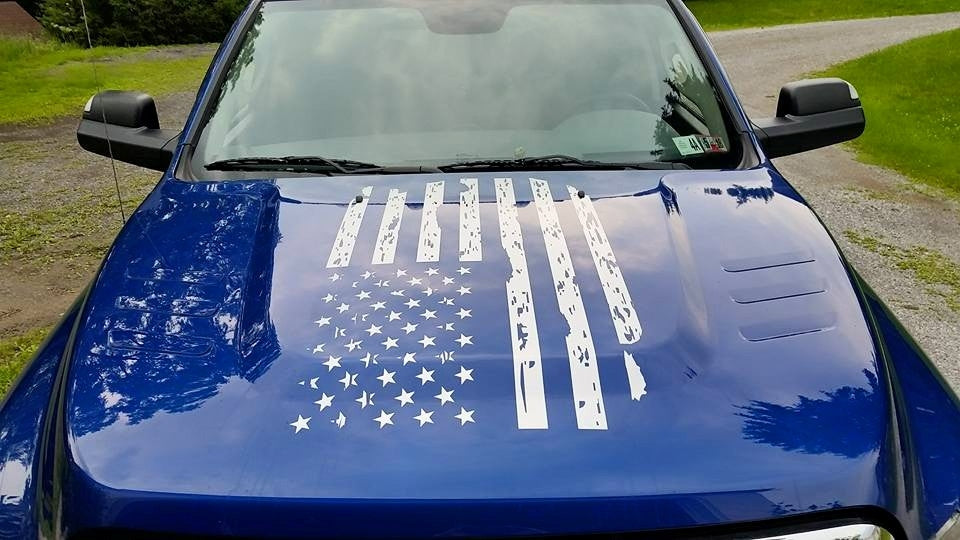DODGE RAM HOOD DISTRESSED AMERICAN FLAG VINYL DECAL CHOOSE COLOR