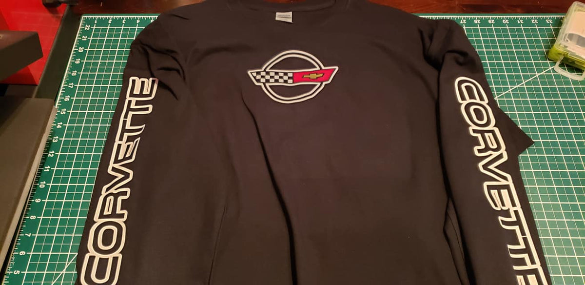 CORVETTE C4 LONG SLEEVE SHIRT SCRIPT ON SLEEVES & LOGO ON FRONT 84-90