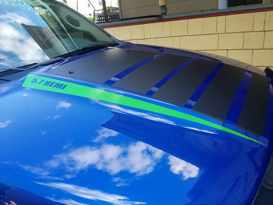 DODGE RAM HOOD SPEAR STRIPE DECALS WITH CUSTOM TEXT