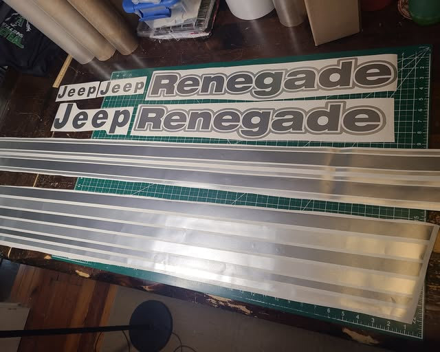 JEEP CJ RENEGADE HOOD STRIPES, HOOD DECALS, ROCKER STRIPES, FENDER BUMP OUTS, AND TAILGATE DECALS