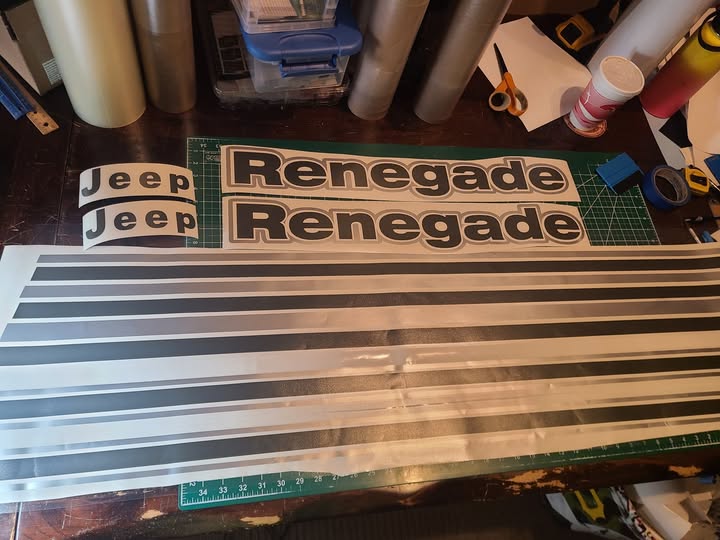 JEEP CJ RENEGADE HOOD STRIPES, HOOD DECALS, ROCKER STRIPES, FENDER BUMP OUTS, AND TAILGATE DECALS