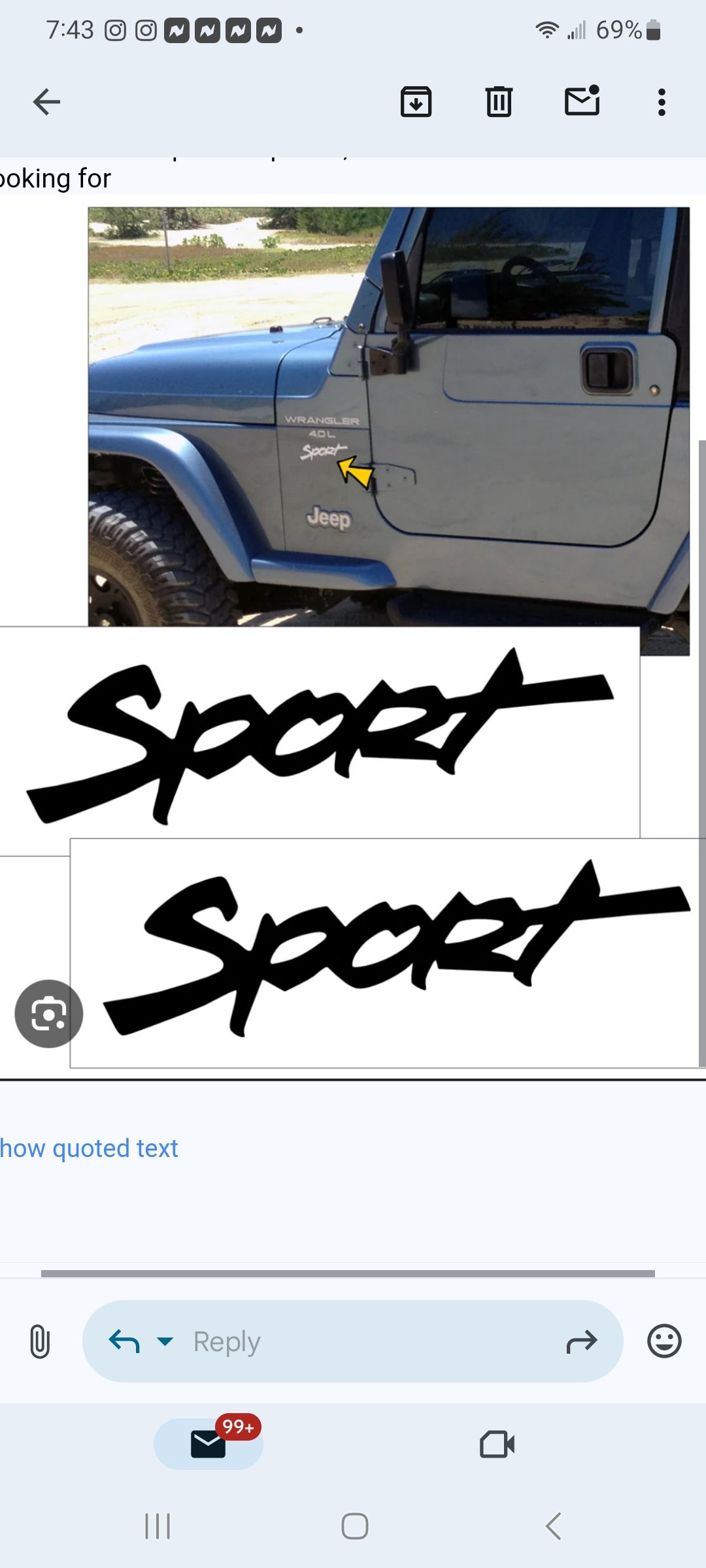 JEEP WRANGLER SPORT FENDER VINYL DECAL SET OF 2 CHOOSE COLOR